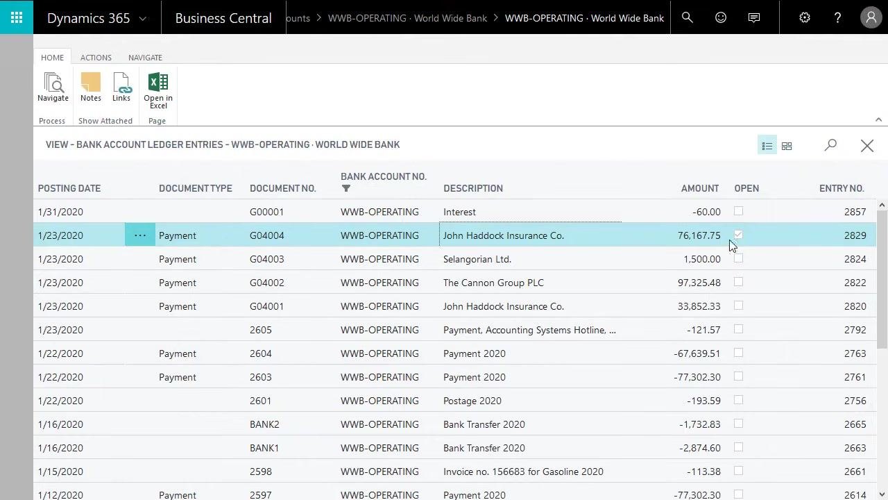 Main dashboard with the Bank Accounts link highlighted under Cash Management