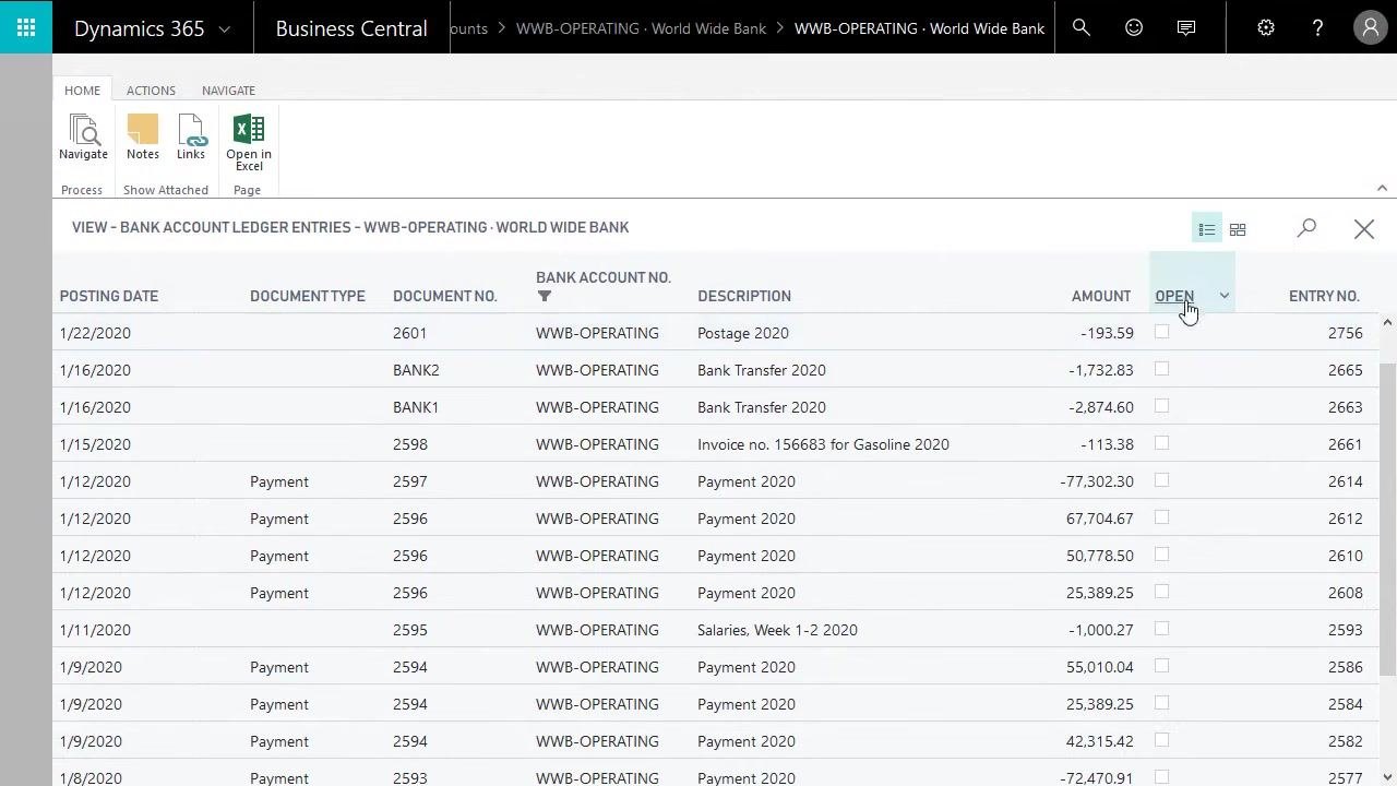Bank account ledger entries for WWB-OPERATING, showing the Interest entry and the open status for each entry