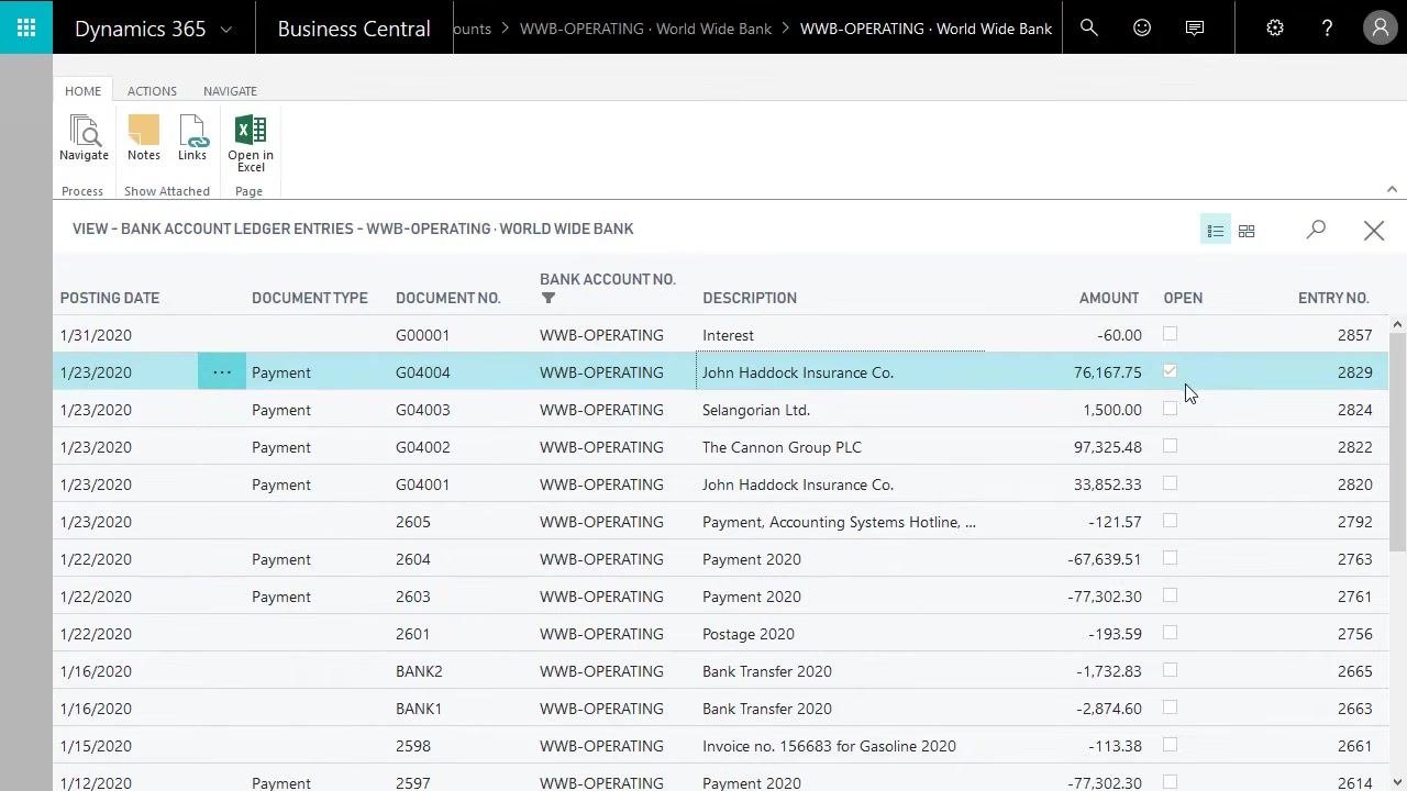 Bank account ledger entries screen showing the open status for the John Haddock Insurance Co. entry, with the Open checkbox checked, indicating it is still outstanding and will appear on the next reconciliation