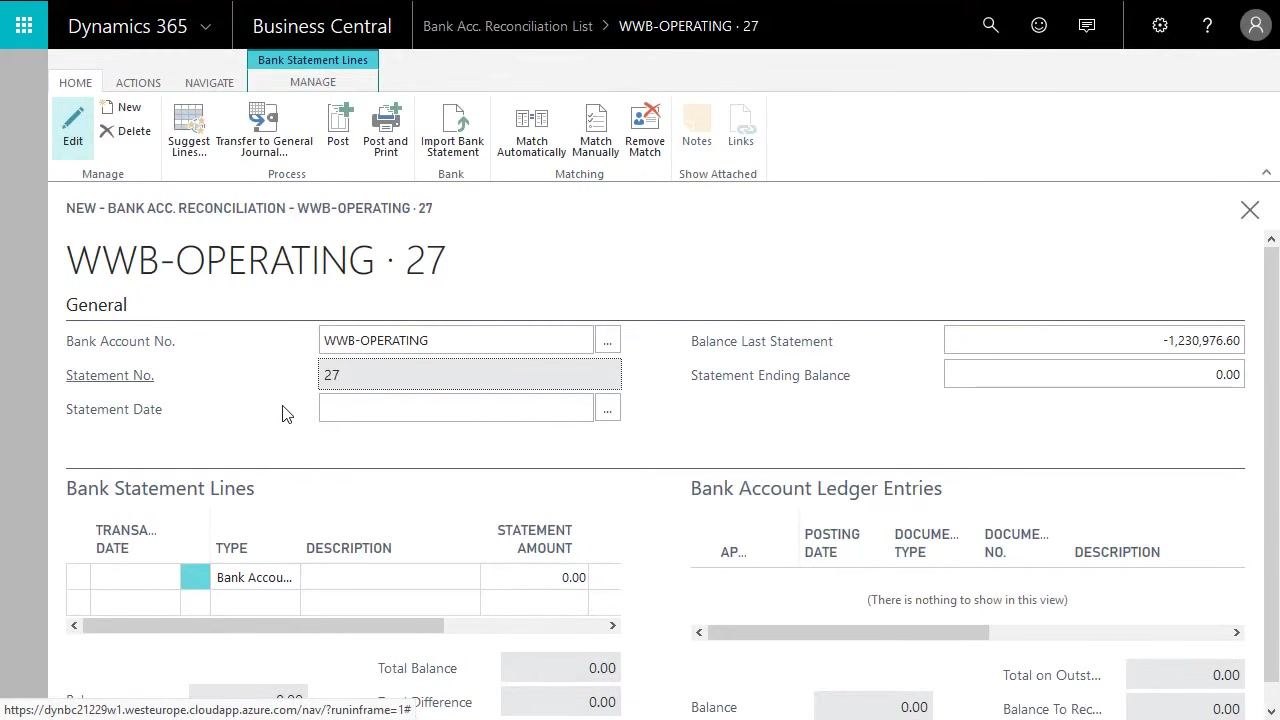 Dashboard with the search bar used to locate Bank Account Reconciliations