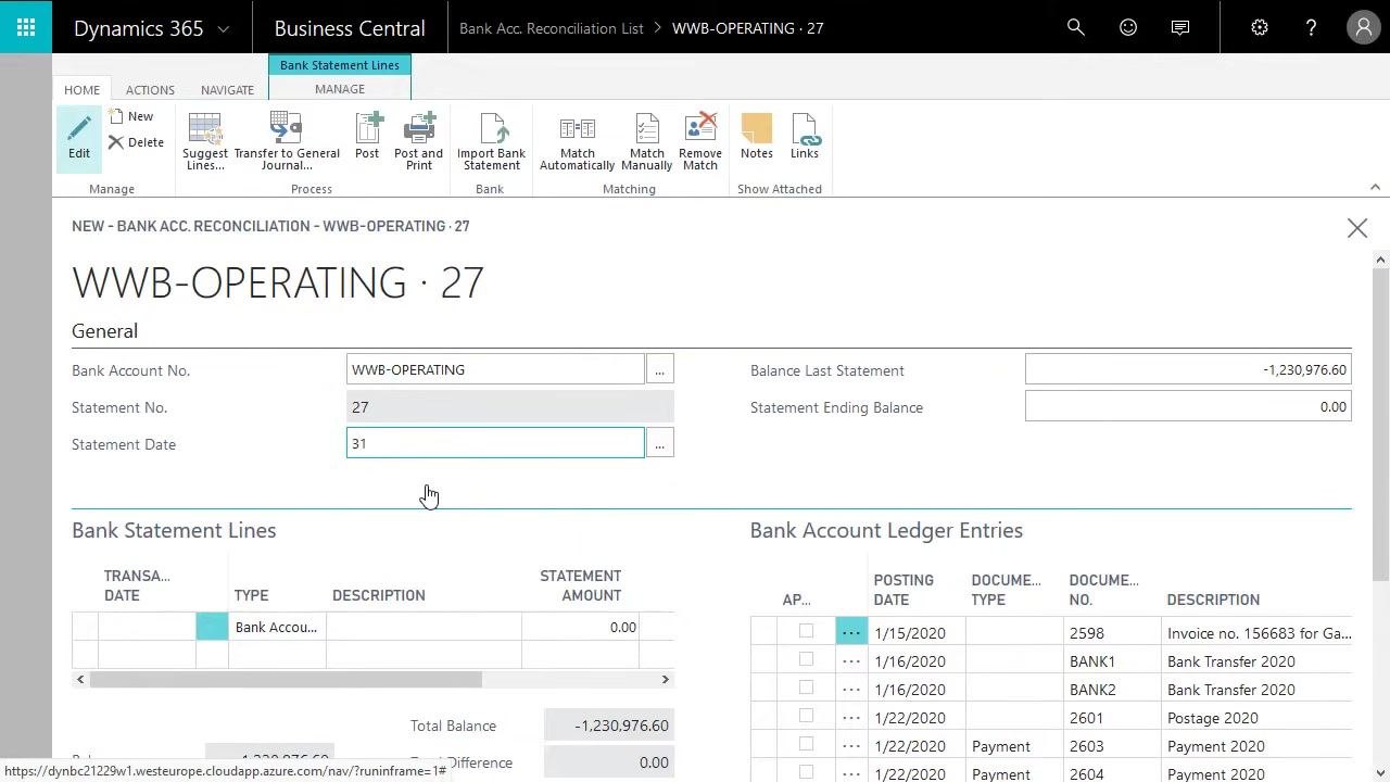 Bank Acc. Reconciliation form with empty fields for a new statement