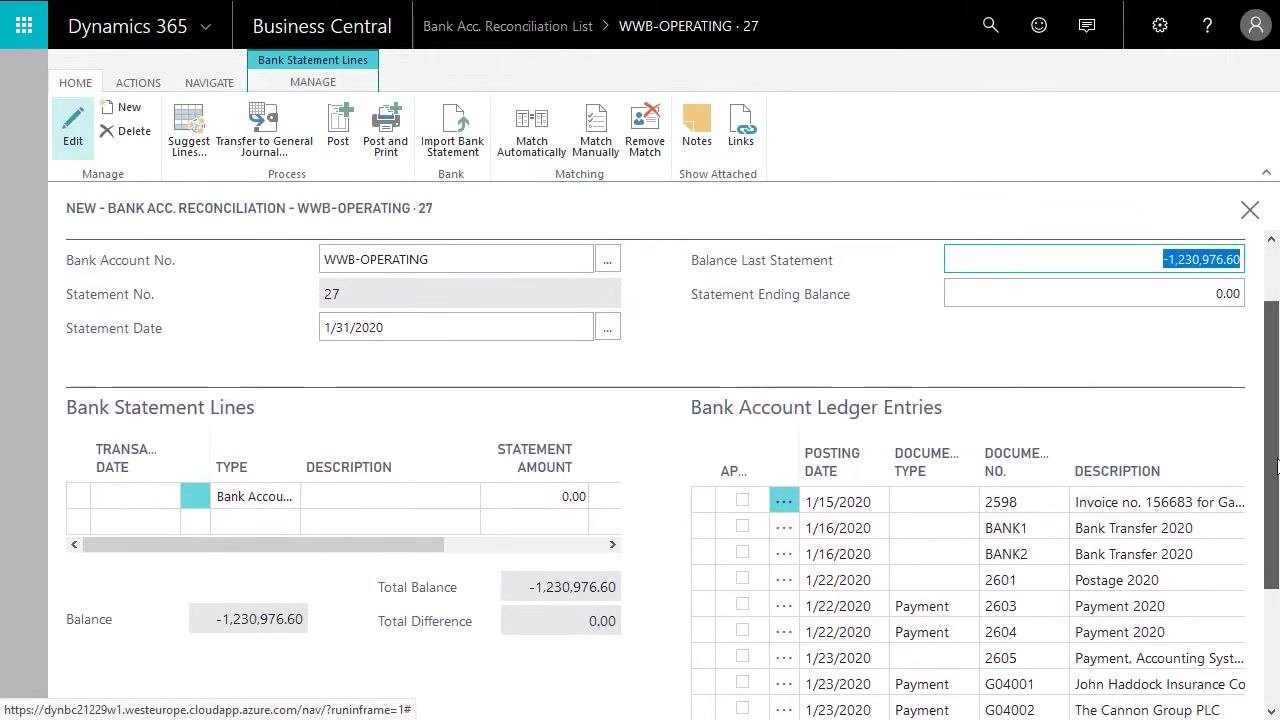 Bank Acc. Reconciliation form with WWB-OPERATING selected and the statement number auto-filled