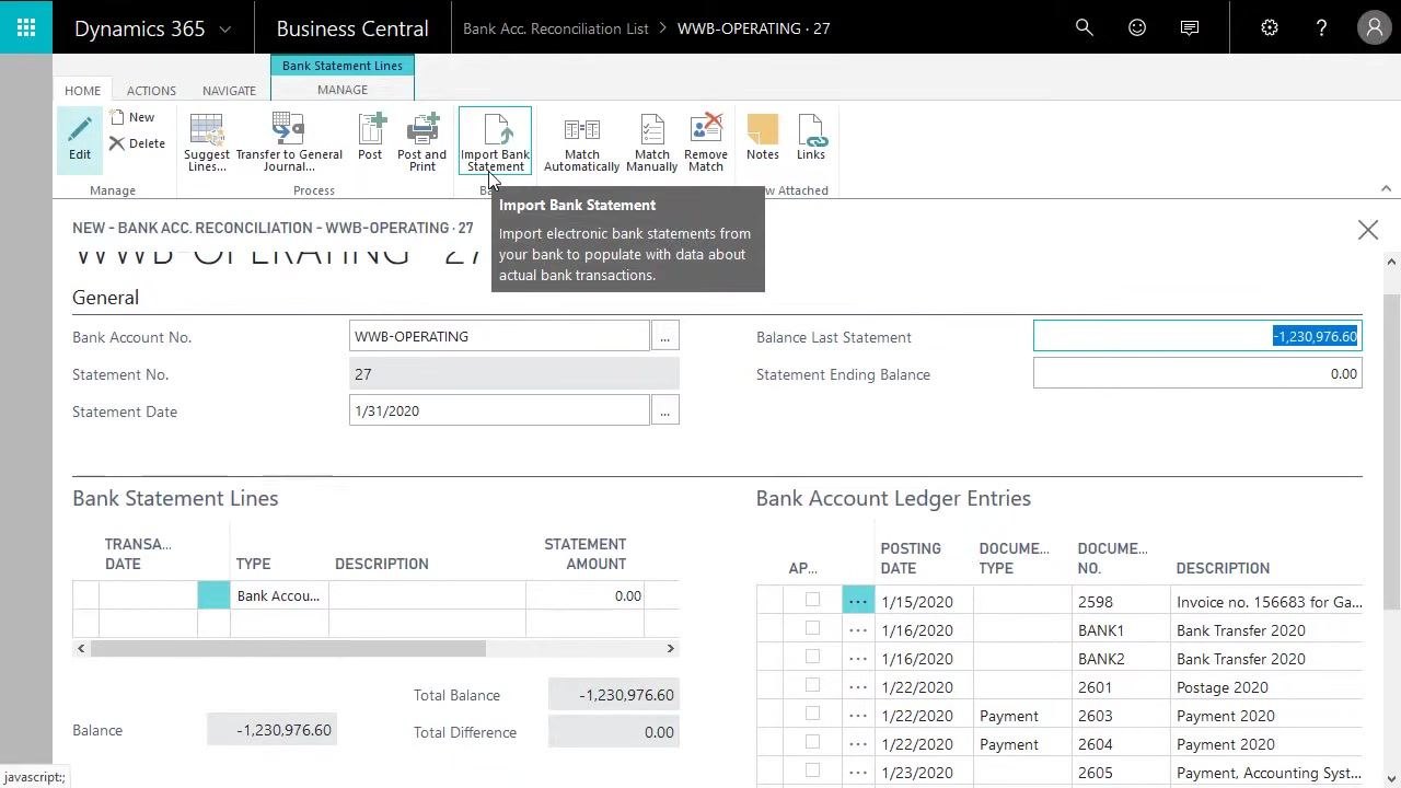 Bank Acc. Reconciliation form with the Import Bank Statement button highlighted and its tooltip visible