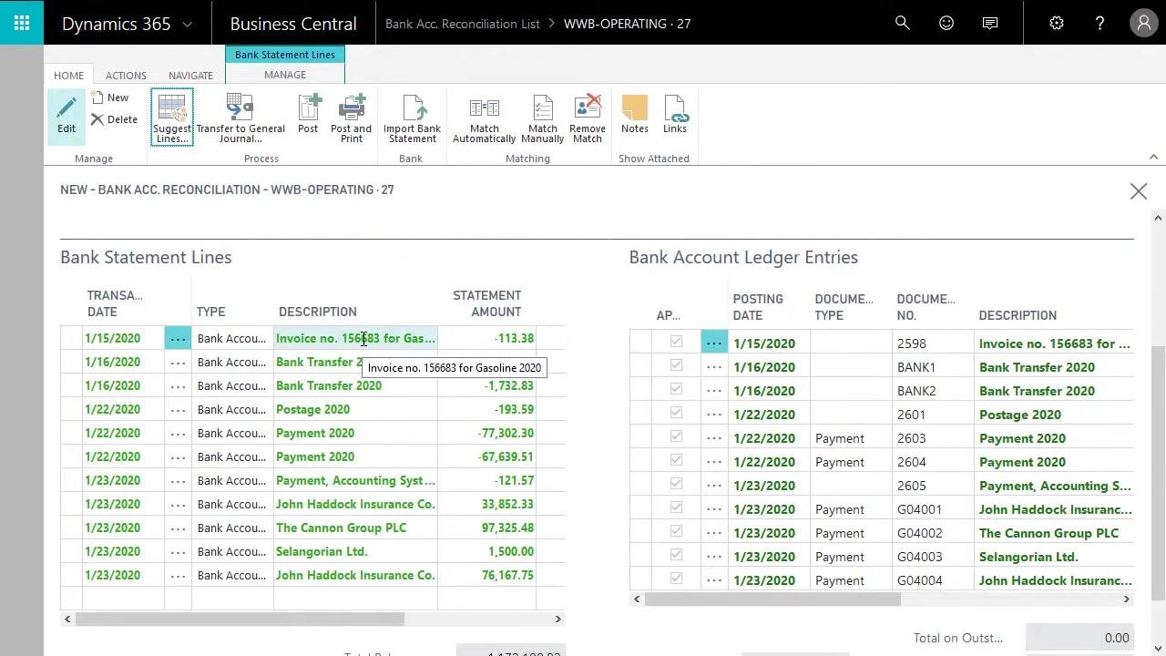 Bank Acc. Reconciliation form showing the one-to-one relationship between statement lines and ledger entries