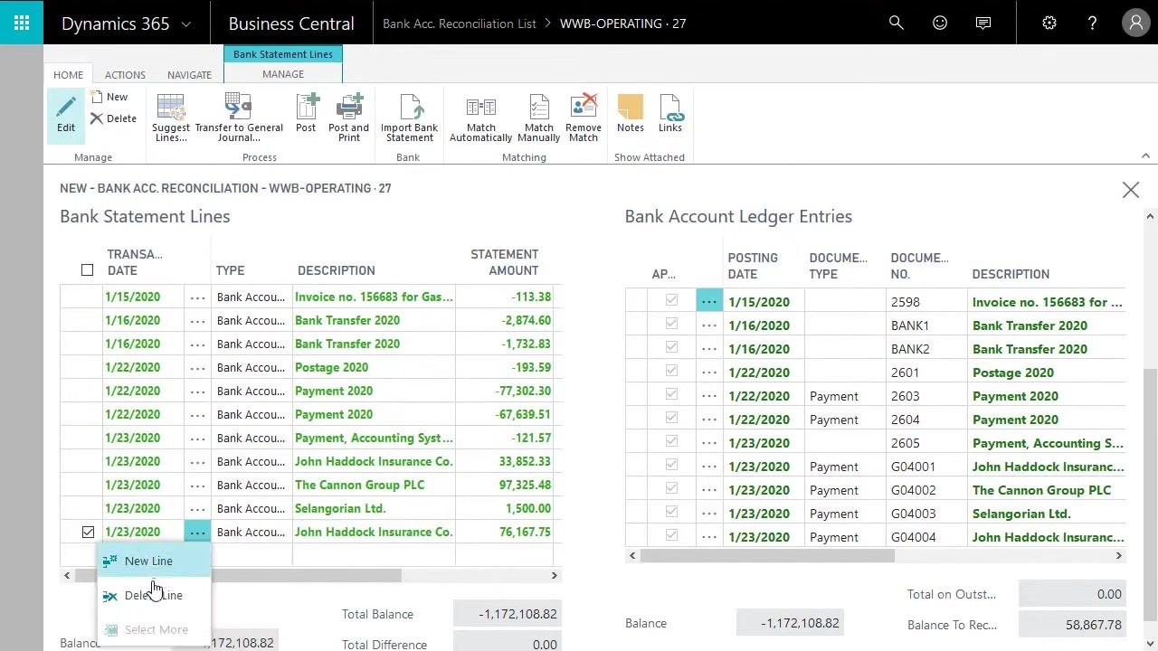Bank Acc. Reconciliation form with the context menu open to delete a bank statement line