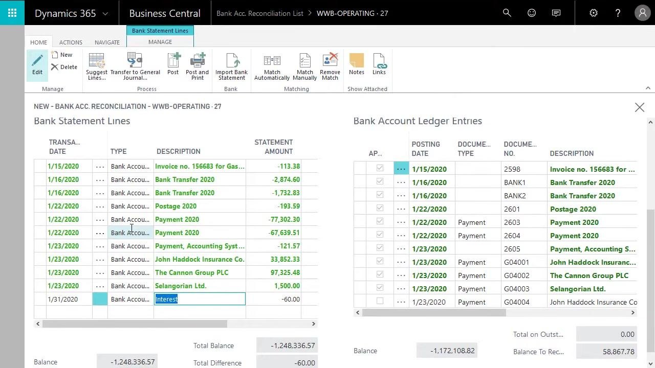 Entering a new bank statement line for an interest transaction, with date, type, description, and amount filled in