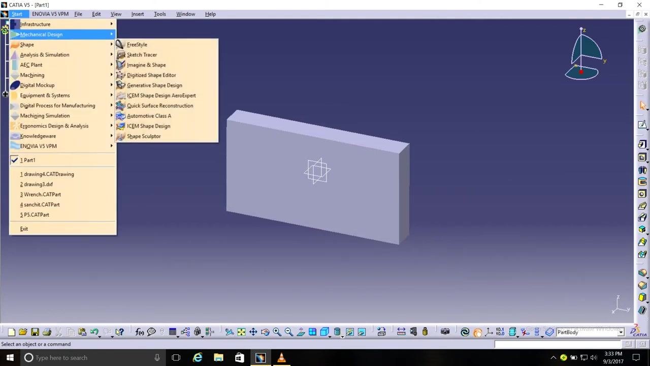 CATIA V5 main menu with Mechanical Design > Part Design highlighted. Multiple workbenches and recent files are visible.