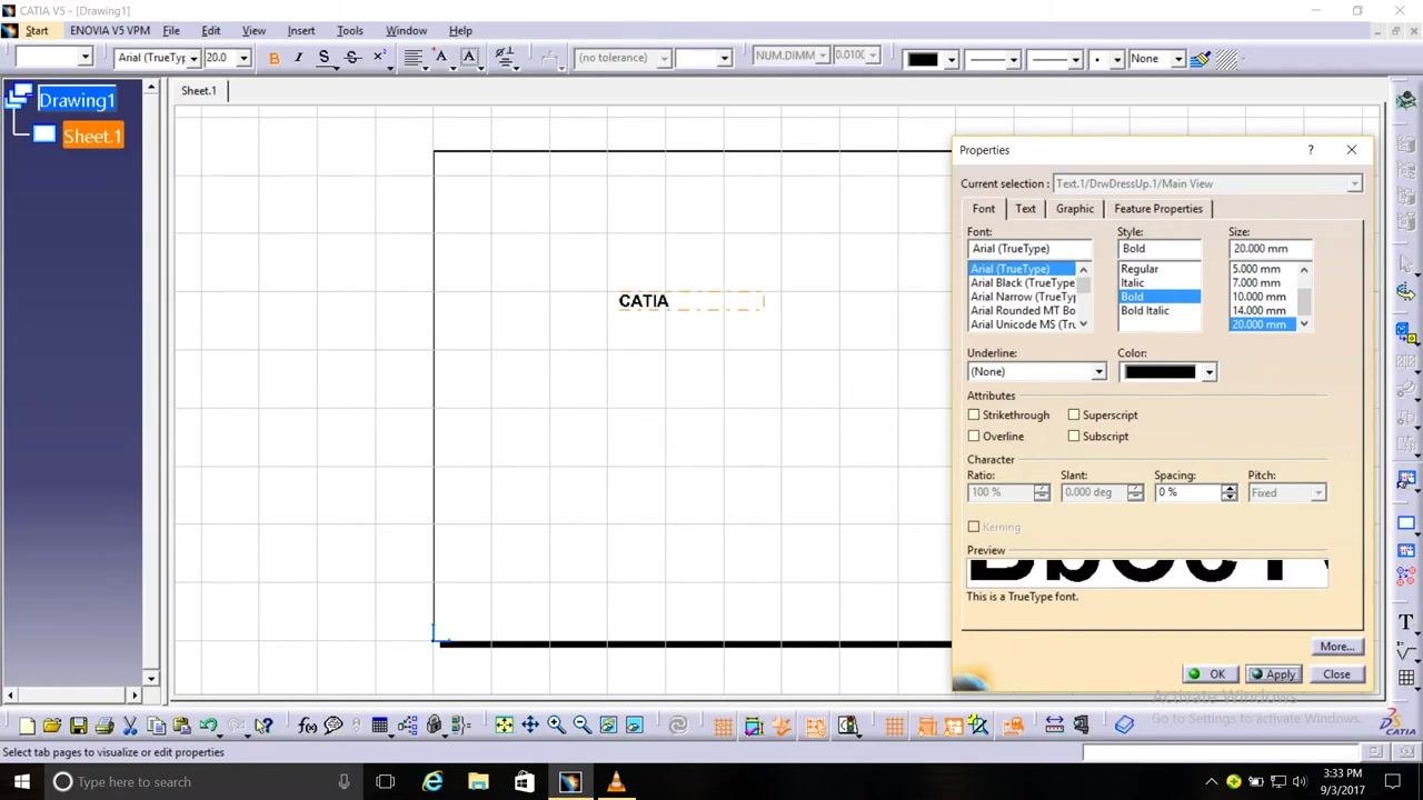 Properties dialog open, text "CATIA" bold and large on the drawing sheet, font and size options visible.