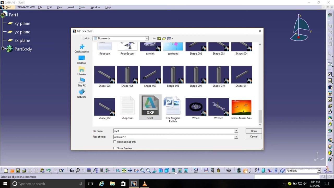 File Selection dialog open in CATIA V5, DXF file "text1" highlighted among other files and parts.