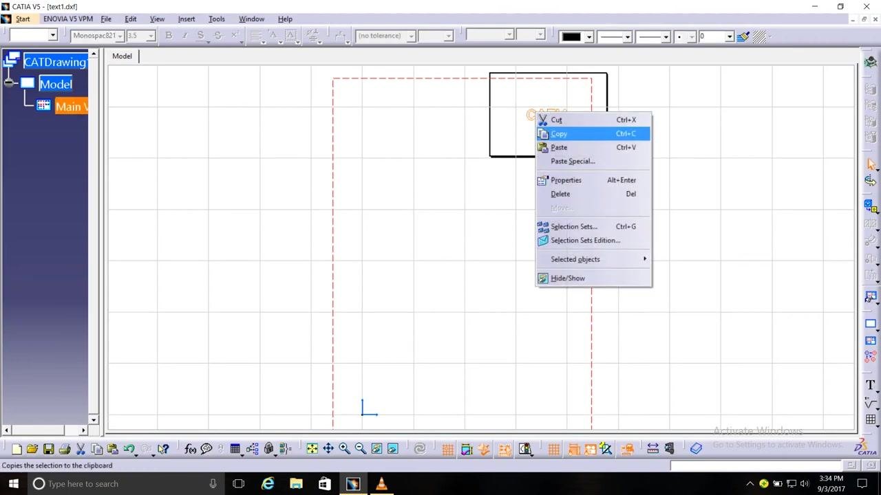 3D part with context menu open, "Paste" highlighted, ready to insert copied text.