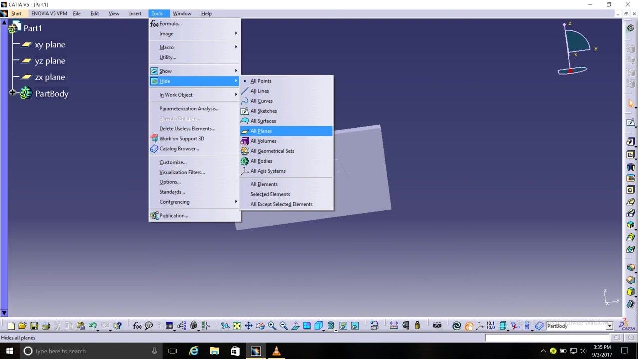 3D part with "CATIA" text visible, rotation indicator present, confirming placement.