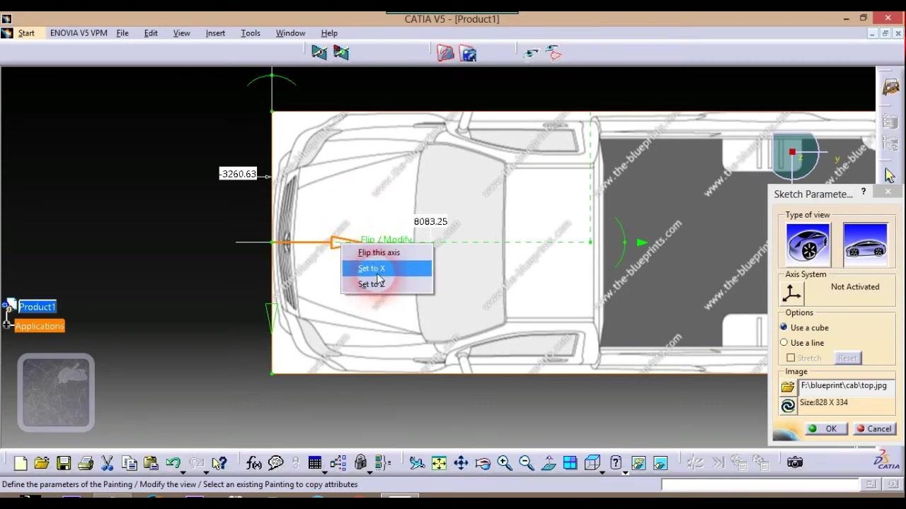 Context menu open on the axis handle showing Flip this axis, Set to X, and Set to Z options, with the Sketch Parameters dialog open