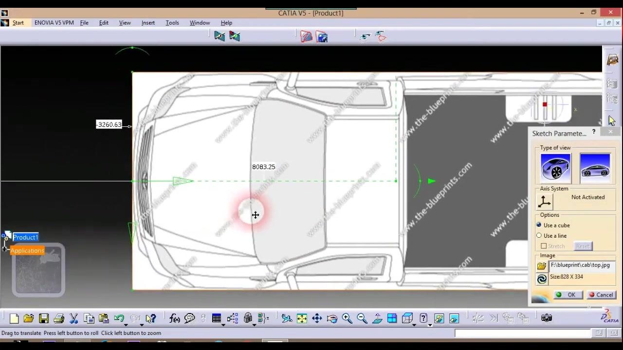 Dragging the top blueprint for alignment with the crosshair cursor, alignment arrows, and measurements visible