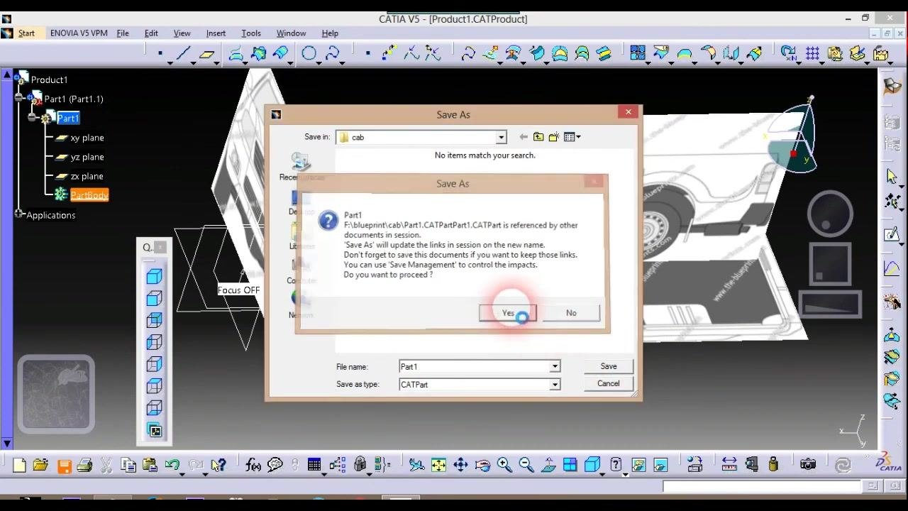 Save As dialog with a reference warning, the Yes button highlighted, file name Part1, and file type CATPart