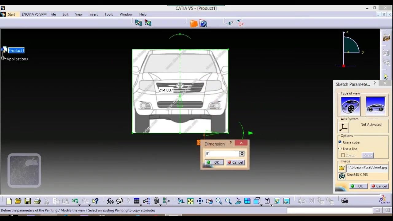 Dimension dialog with the value 91 being entered and alignment arrows visible