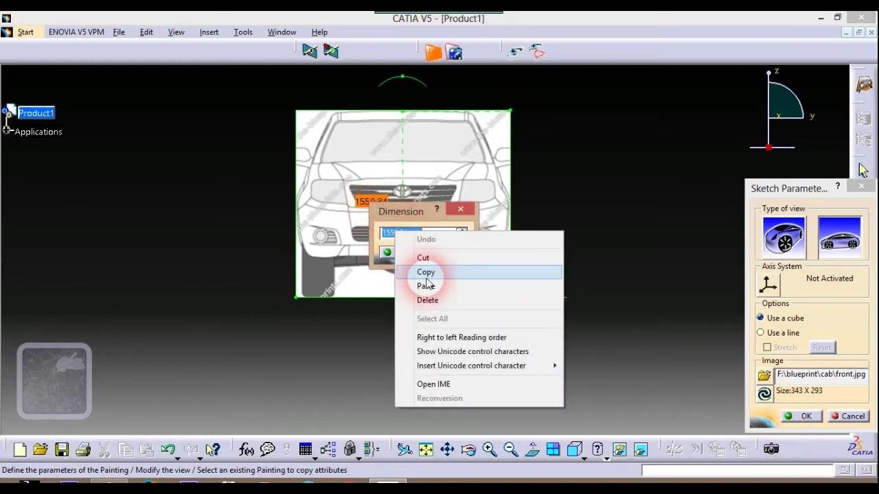 Right-click context menu open in the Dimension dialog with Copy selected, value 1550.34