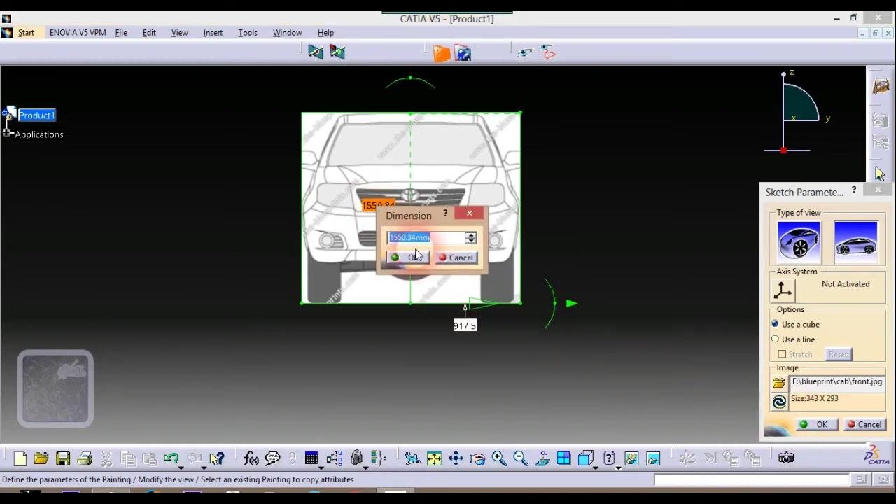 Dimension dialog showing 1550.34 mm with the OK button highlighted and the blueprint scaled