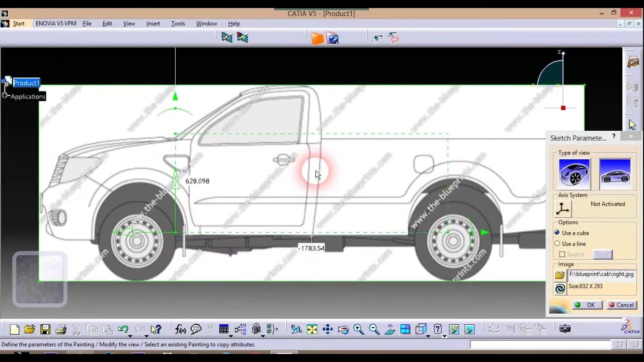 Right-side blueprint loaded with the Sketch Parameters dialog, alignment arrows, and measurements visible