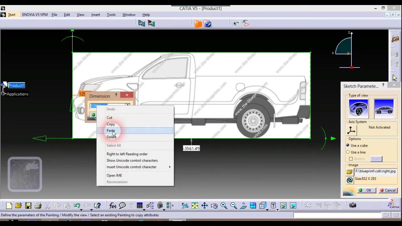 Full right-side blueprint with alignment handles and a measurement of -3570.29
