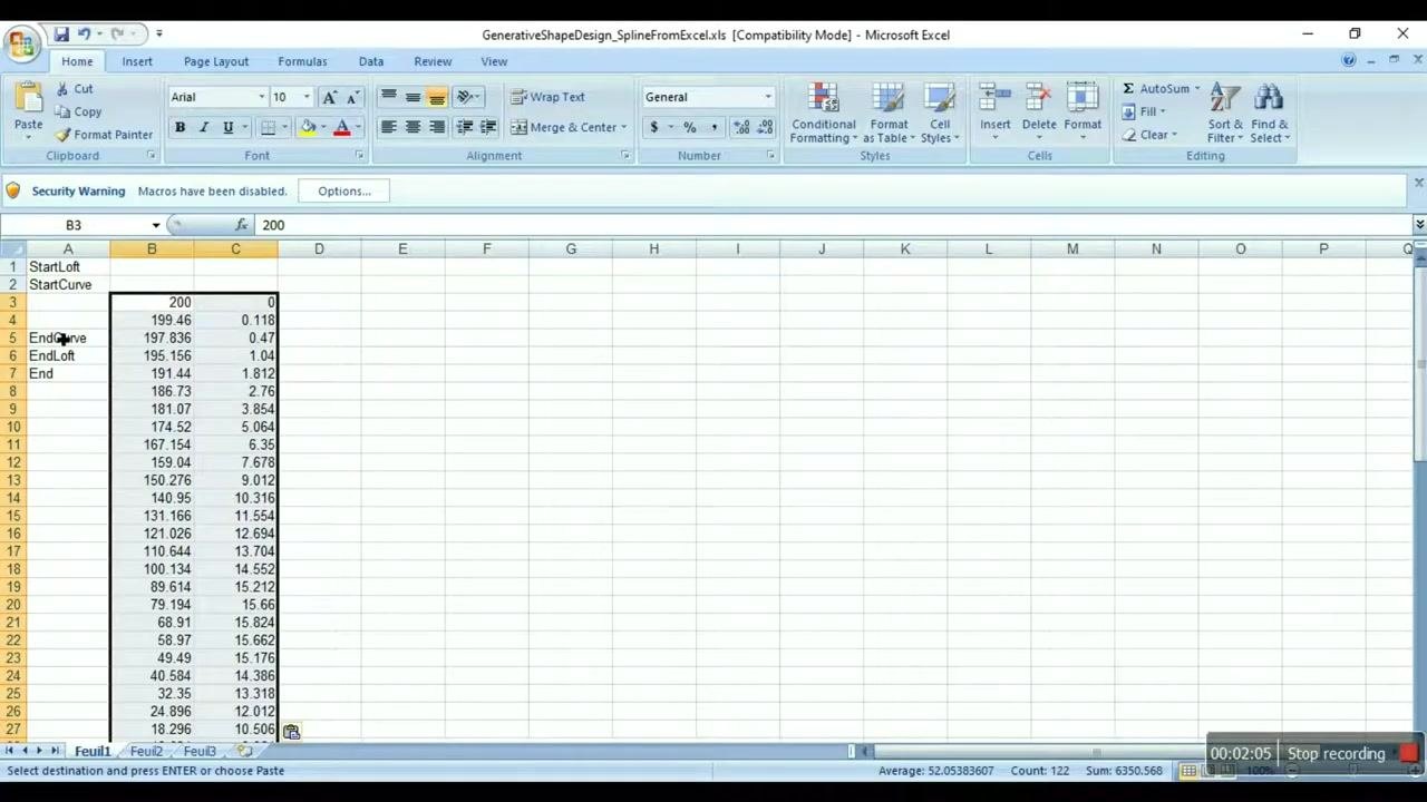 Excel template for GenerativeShapeDesign_SplineFromExcel.xls, showing columns for X, Y, Z and a macro security warning