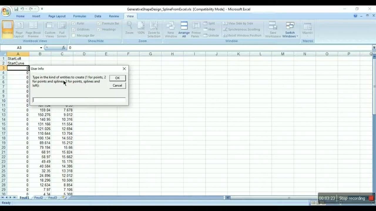 Excel macro dialog box prompting for entity type, with options for points, splines, or loft