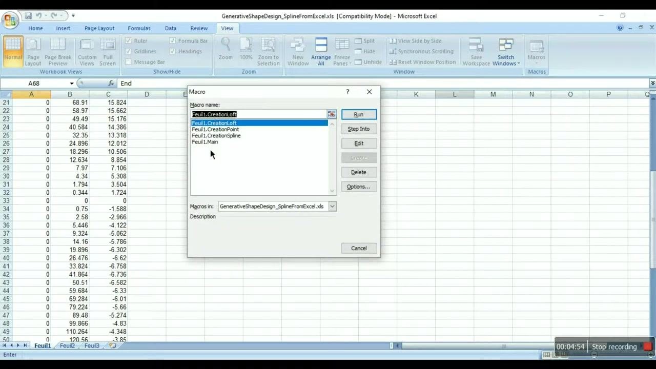 CATIA window with imported points selected for deletion, GeometryFromExcel highlighted