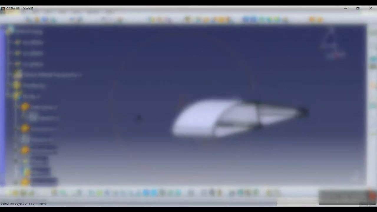 CATIA V5 window with the completed 3D airfoil model visible, interface toolbars and status bar present