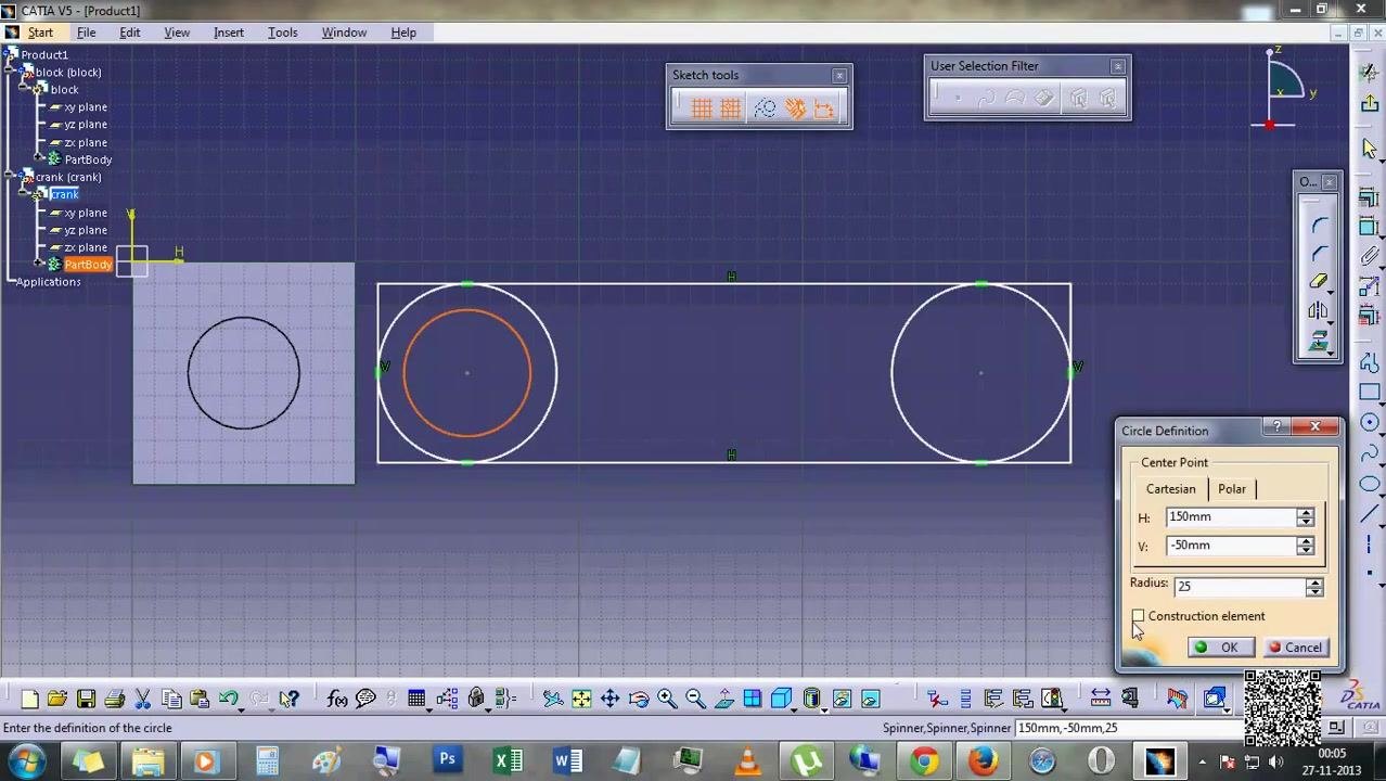 Circle Definition dialog open, adding the inner circle at (150mm, -50mm) with 25mm radius