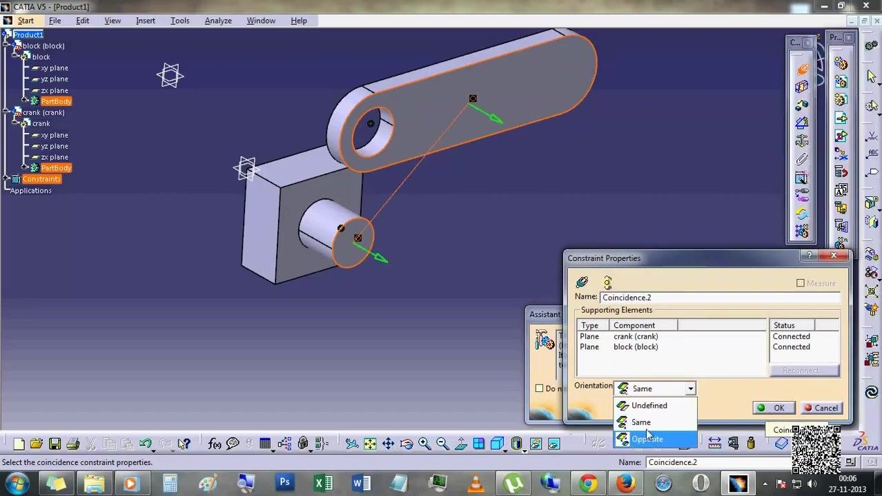 Crank arm highlighted with the Manipulation panel open, being positioned for assembly