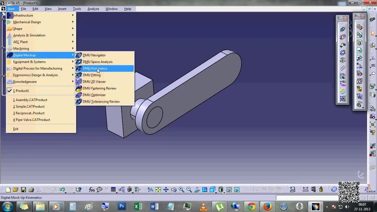 Start menu open with Digital Mockup > DMU Kinematics highlighted