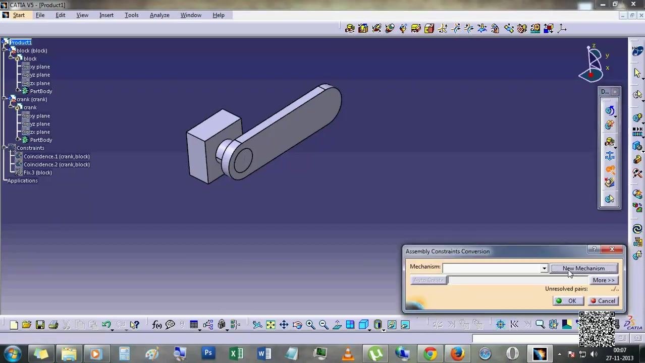 Assembly Constraints Conversion dialog open with Mechanism set to New Mechanism