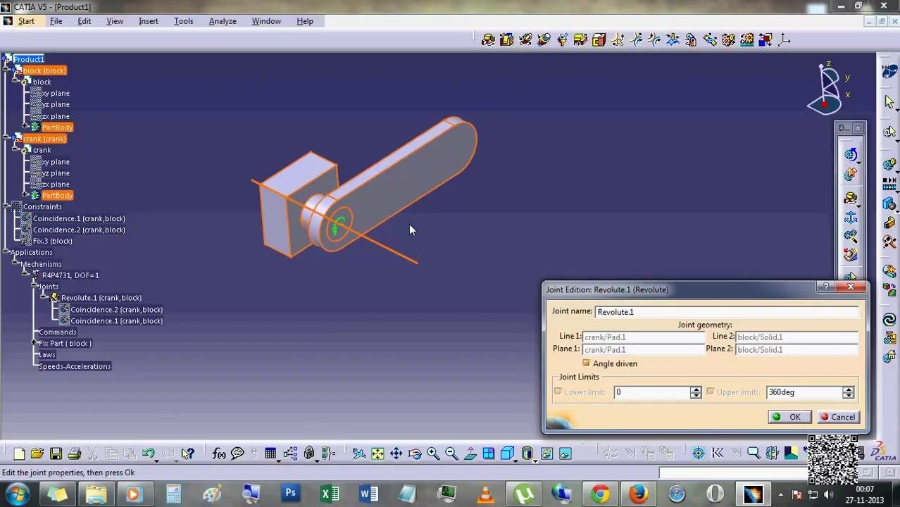 Mechanism listed under Applications, tree expanded to show joints and commands