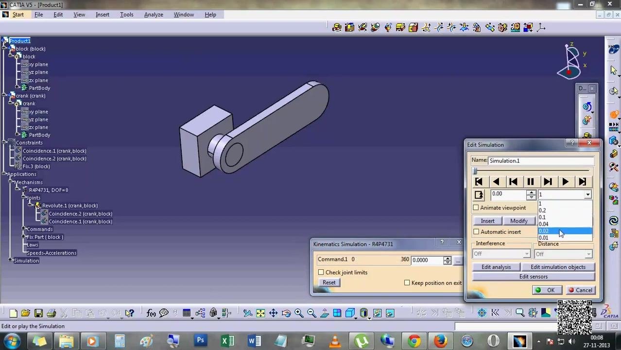 Joint Edition dialog with Revolute.1 properties set, Angle driven checked, limits 0-360 degrees