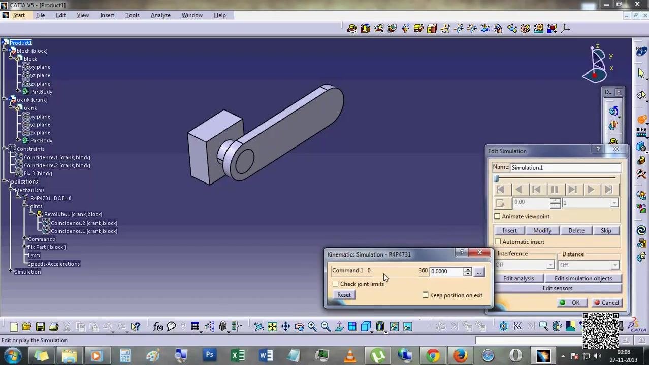 Kinematics Simulation and Edit Simulation dialogs open, showing simulation controls and command range
