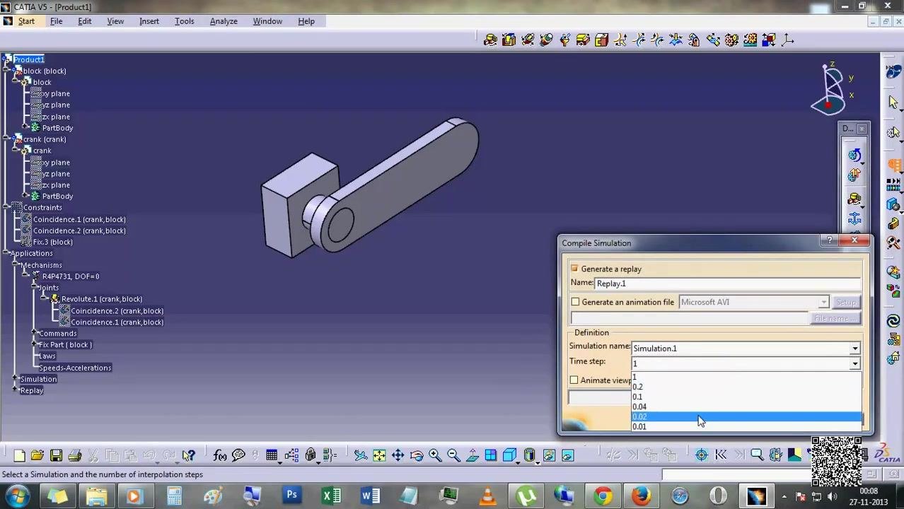 Compile Simulation dialog open with Replay.1 as the name, Simulation.1 selected, and time step set to 0.02