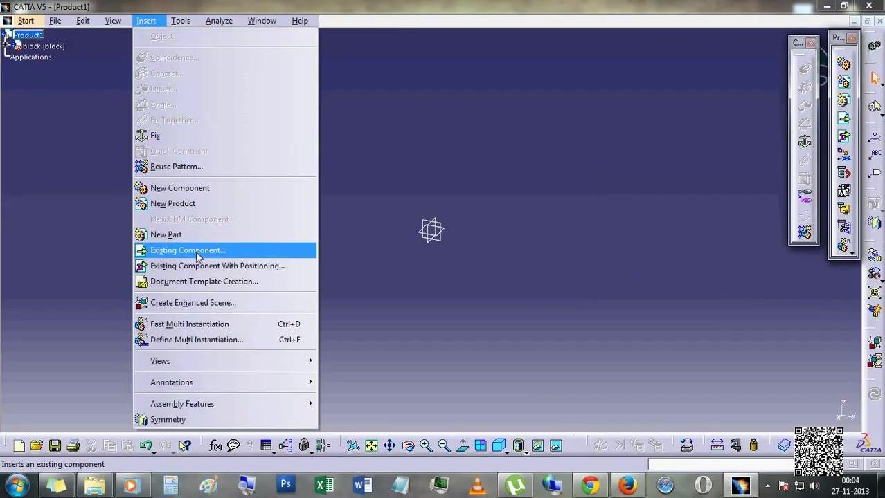 Insert menu open with "Existing Component..." highlighted, product tree showing "block (block)"