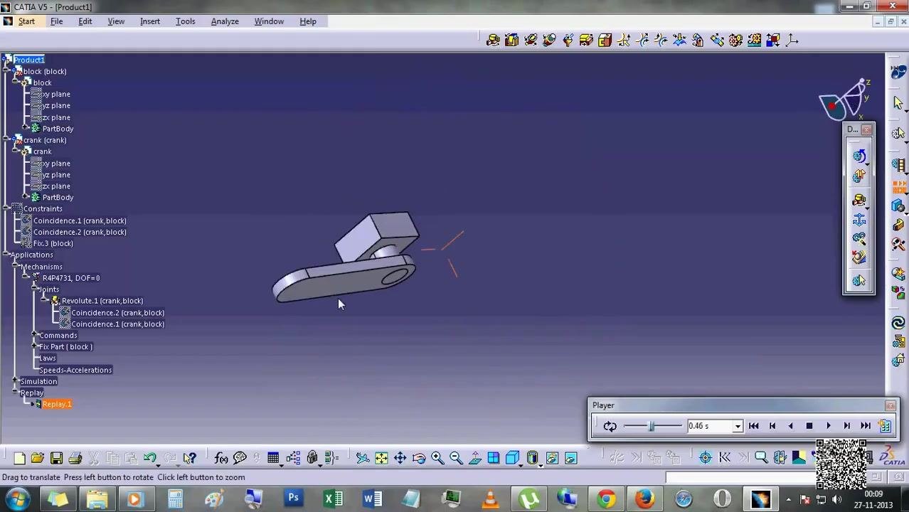 Simulation view rotated to show the crank in a different position, Player window showing 0.46s