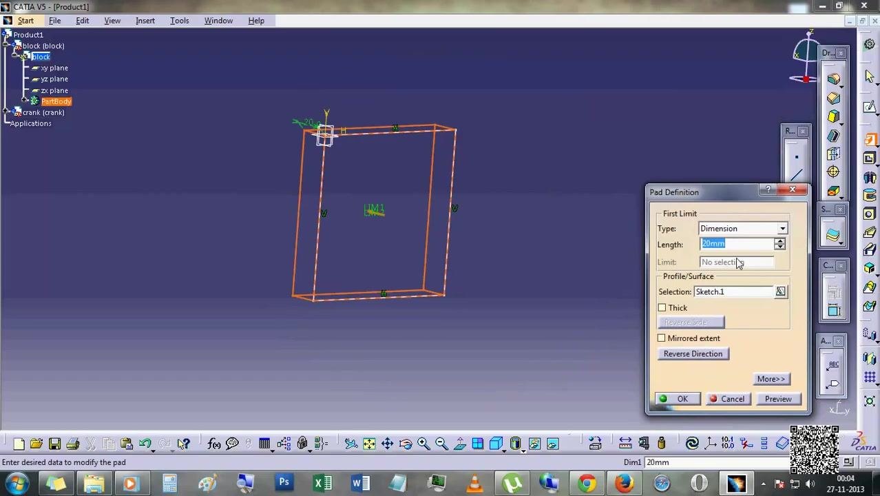 Pad Definition dialog open with Length set to 20mm, previewing the 3D block