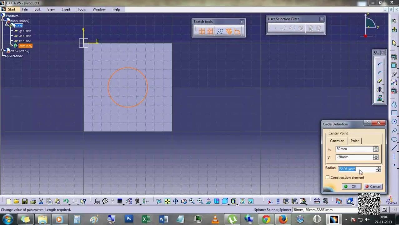 Circle Definition dialog open, center at (50mm, -50mm), radius 22.361mm