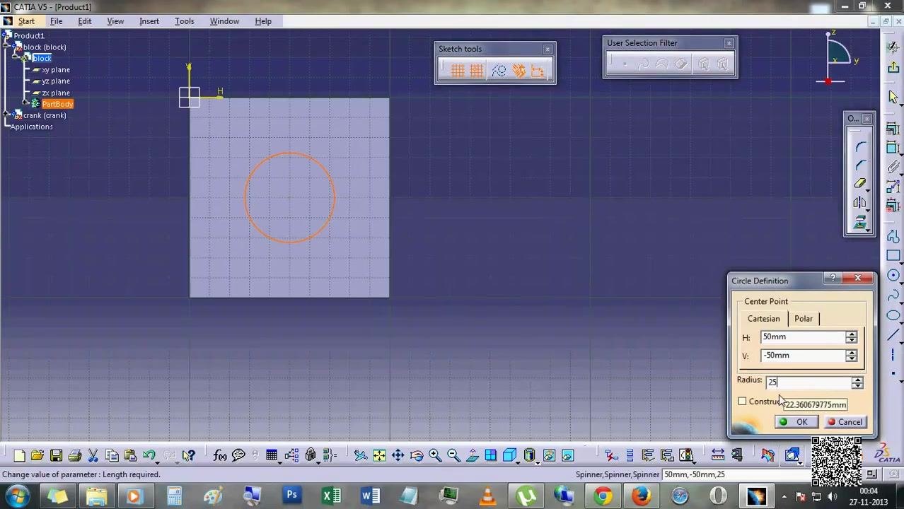 Circle Definition dialog with radius changed to 25mm, circle updated accordingly