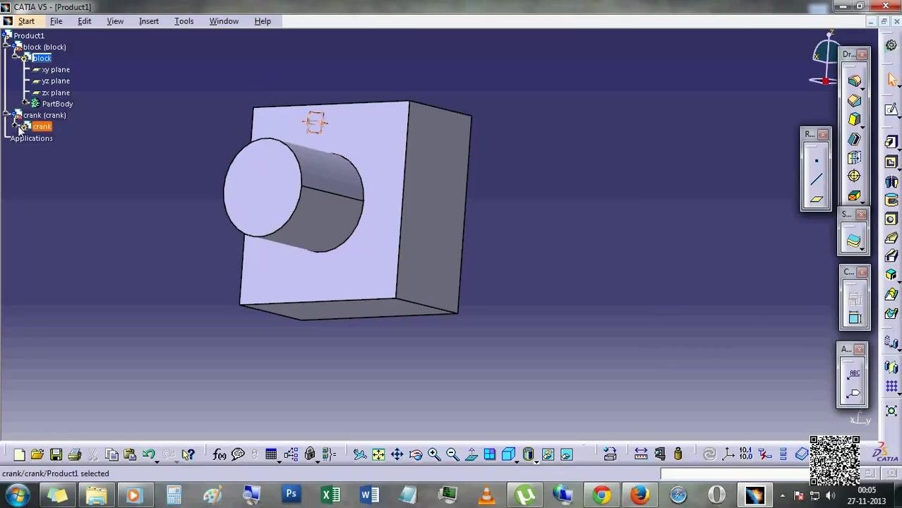 3D view of the block with the cylindrical crank, product tree showing both components