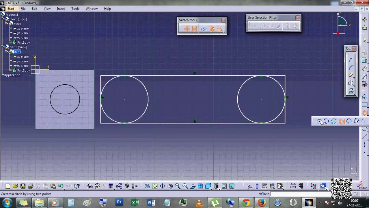 Sketch showing a rectangle with two circles at each end, forming the crank arm profile