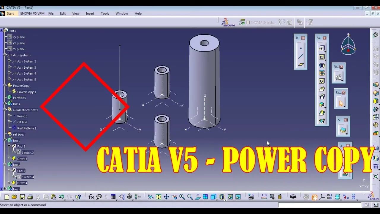 CATIA V5 interface showing the part tree, three cylinders, and the title "CATIA V5 - Power Copy"