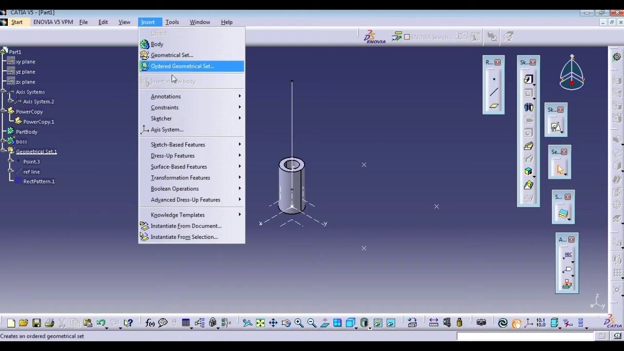 Powercopy Definition dialog box with the boss, point, and reference line selected as inputs, workspace showing the boss and reference geometry