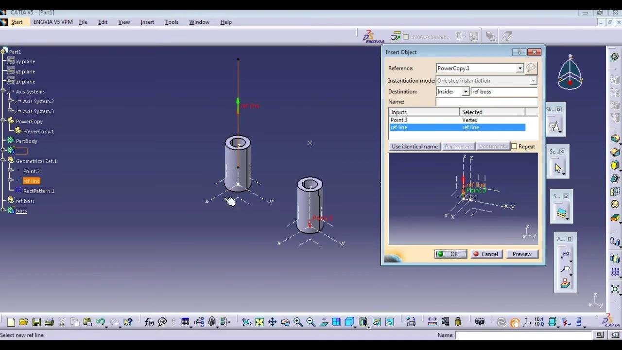 Insert Object dialog box with PowerCopy.1 selected, destination set to ref boss, inputs Point.3 and ref line selected, workspace showing the boss and reference geometry