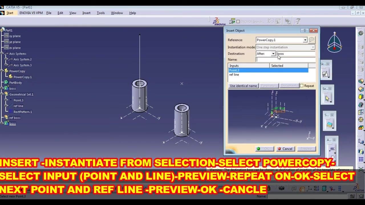 Insert Object dialog box with destination set to After boss, inputs selected, two bosses visible in the workspace, ready for repeat instantiation