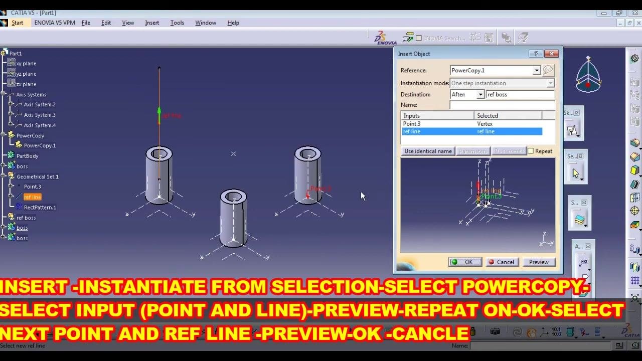 Three bosses visible in the workspace, Insert Object dialog box open, inputs selected, repeat instantiation in progress