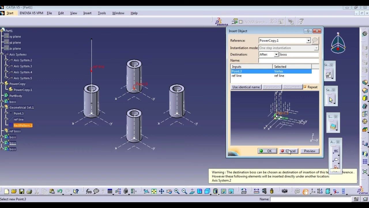 Pad Definition dialog box with Length set to 31mm, boss feature highlighted in the workspace, editable parameters visible