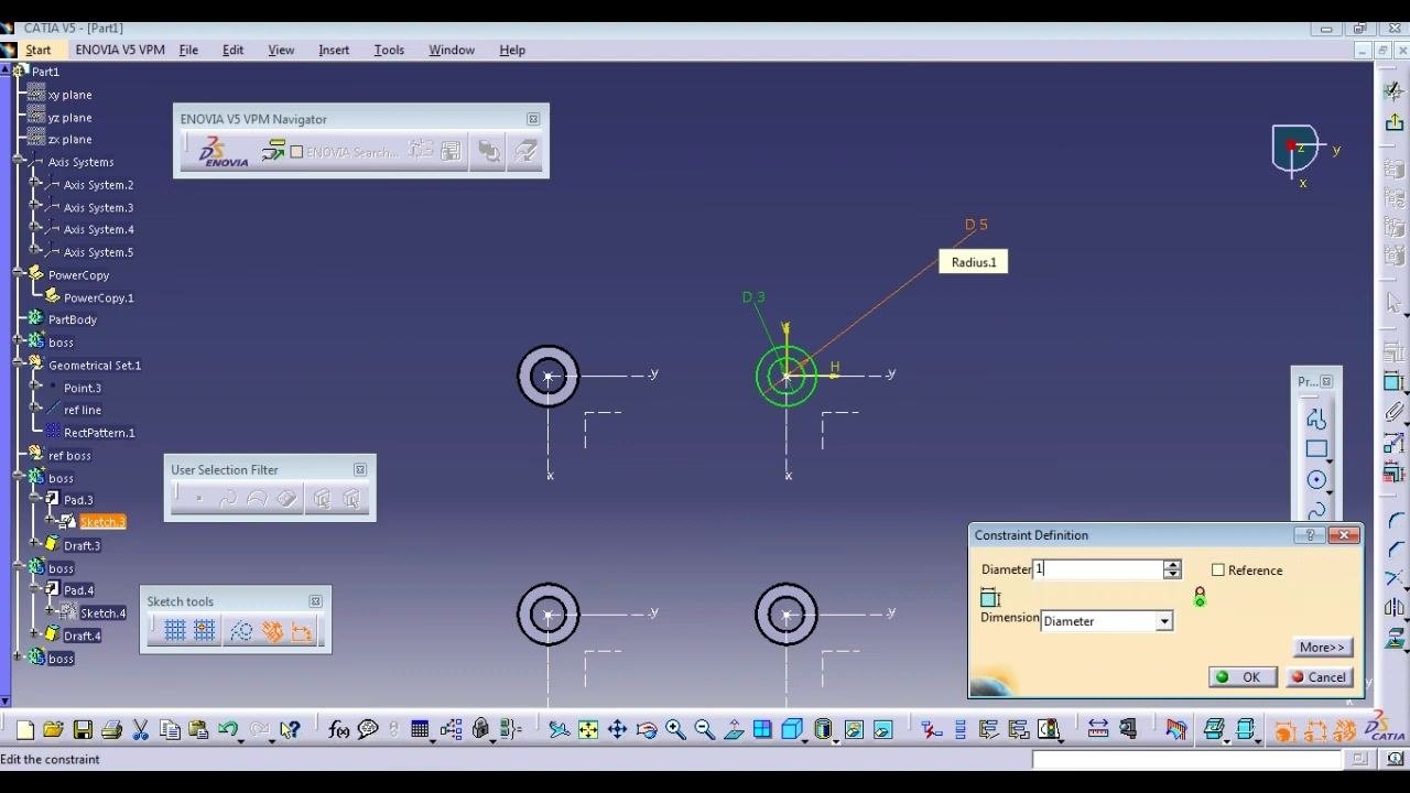 Sketch.3 open in the sketcher, Constraint Definition dialog box open, diameter being edited, multiple bosses visible in the workspace