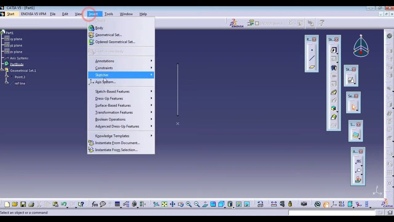 Insert menu open with Axis System option visible, along with the line and axis system in the workspace
